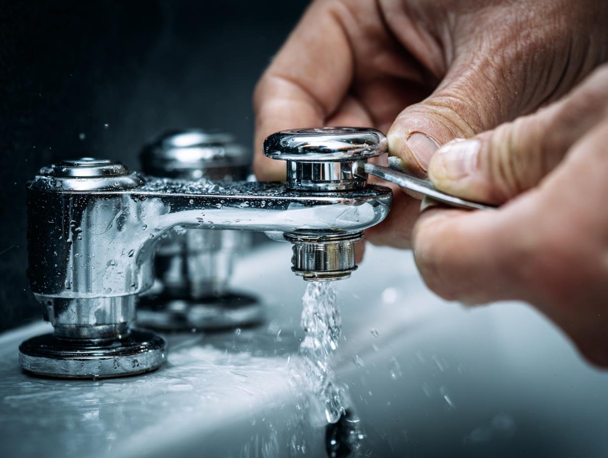 Plumber adjusting a faucet to stop a leak